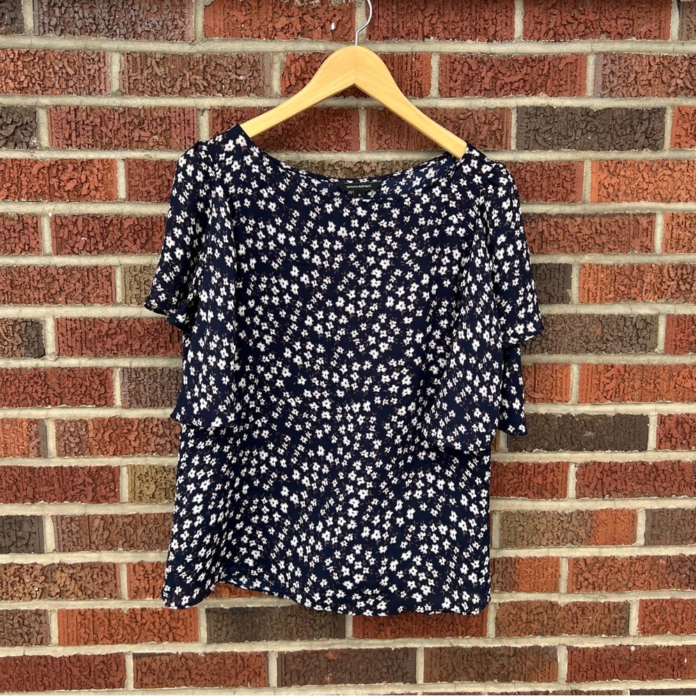 Banana Republic Navy Blue Cream and Burnt Orange Floral Knotted Blouse Top